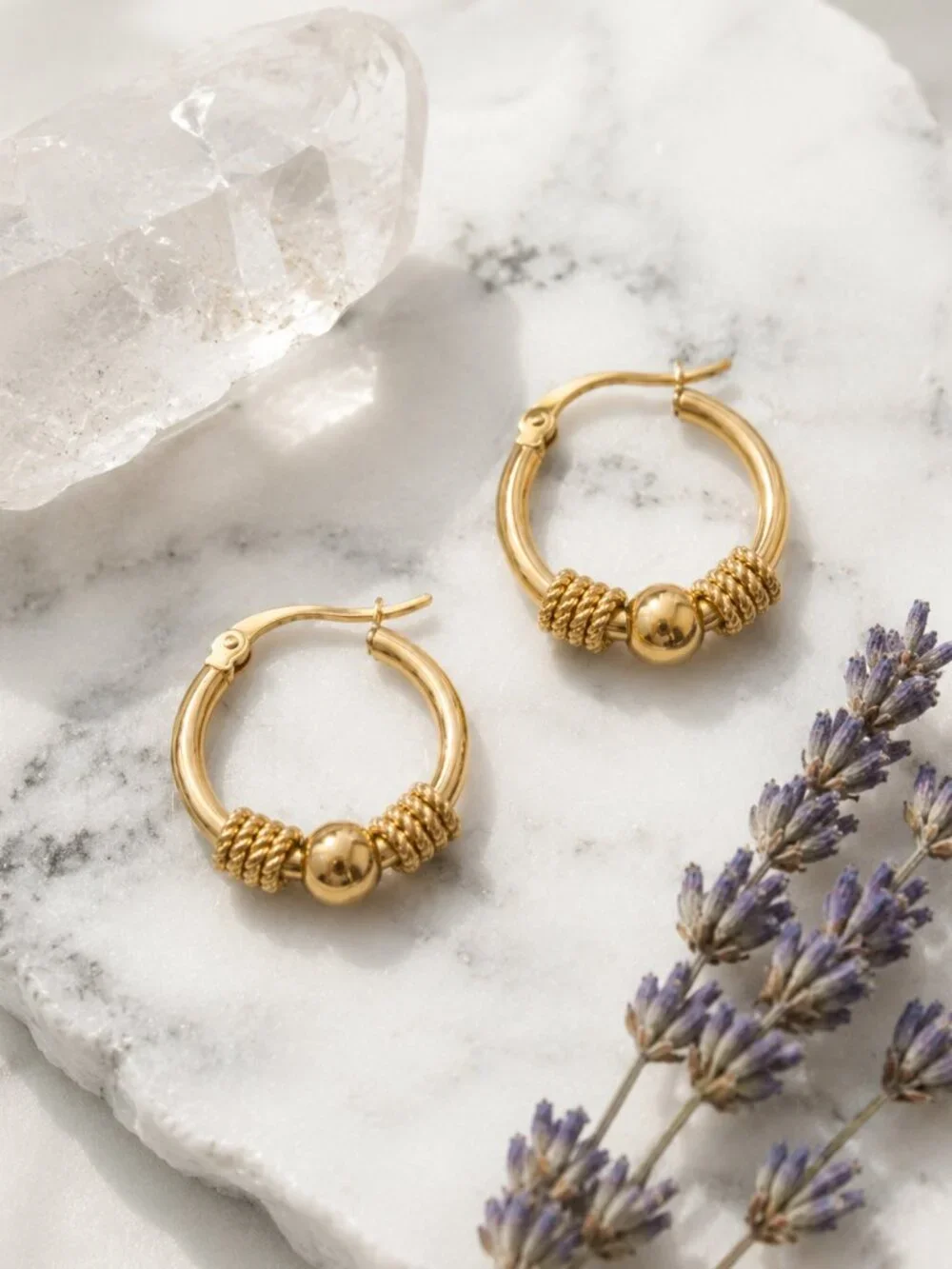 18K Gold Plated Rope Knot Ball Bead Hoop Earrings SS Boho Chic Minimalist 0.9